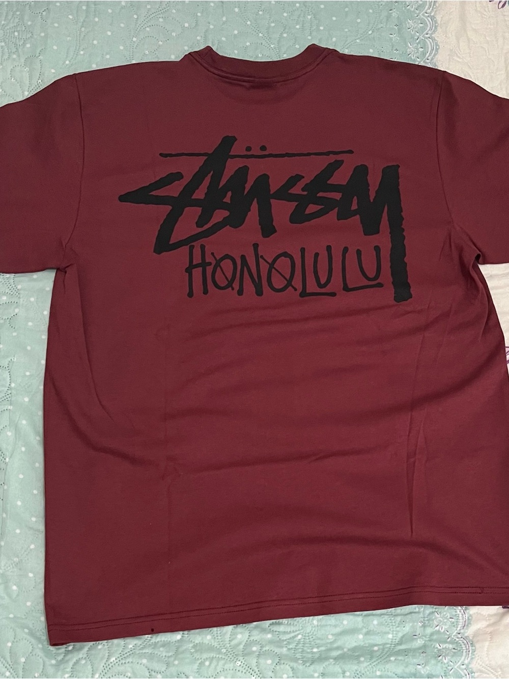 Stussy Maroon Short Sleeve Tee with Black Honolulu Graphic